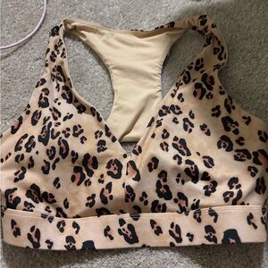Fabletics Leopard Print Sports Bra - Tan and Black.